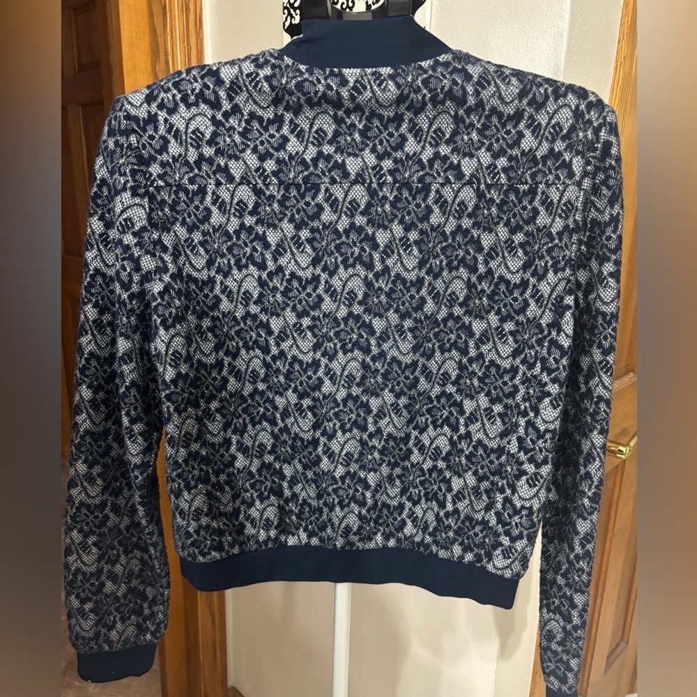 BCBGMaxAzria Blue and Gray Lace Textured Floral Bomber Jacket - Picture 4 of 8
